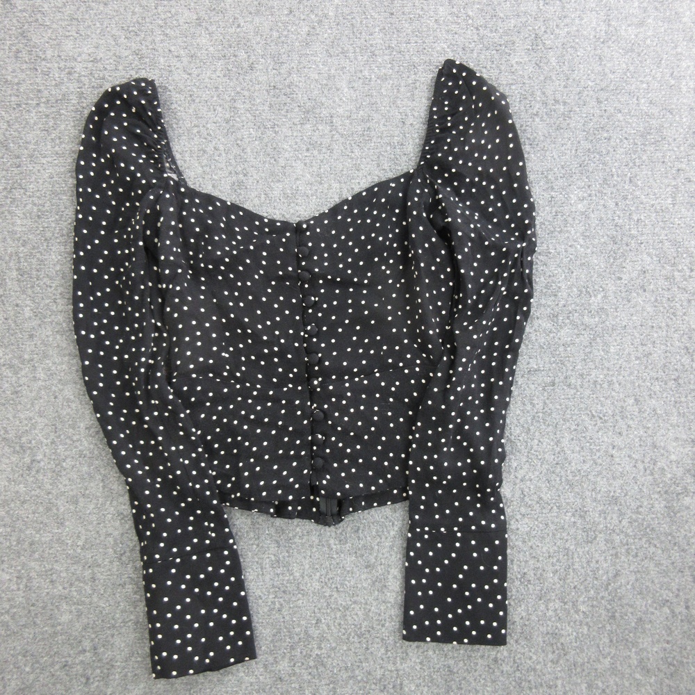 Reformation Blouse Womens 4 Black Polka Dot Sweetheart Puff Sleeve Button Top